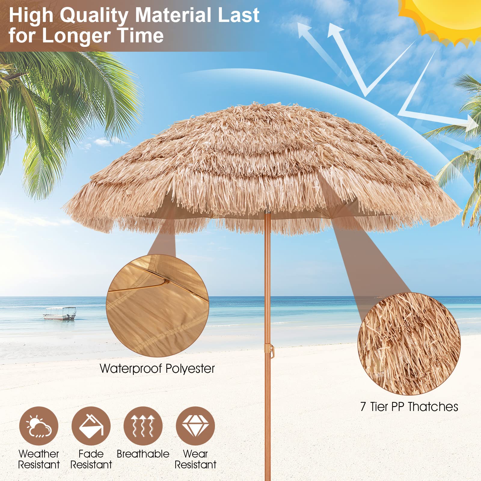 7.2 FT Thatched Tiki Umbrella, Hawaiian Style Hula Beach Umbrella w/Tilt