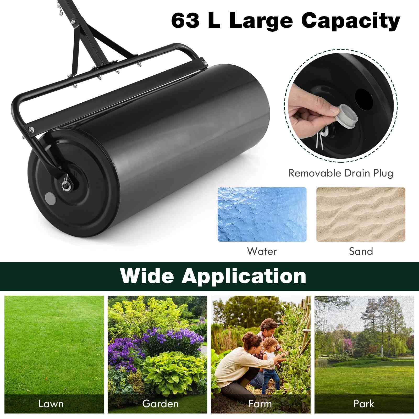 Metal Lawn Roller, Push/Tow-Behind Lawn Roller, 63L Water/Sand-Filled Sod Roller with Detachable Gripping Handle