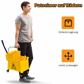 Mop Bucket w/ Down Press Wringer, 20L Commercial Cleaning Bucket w/ Wheels & Carrying Handle