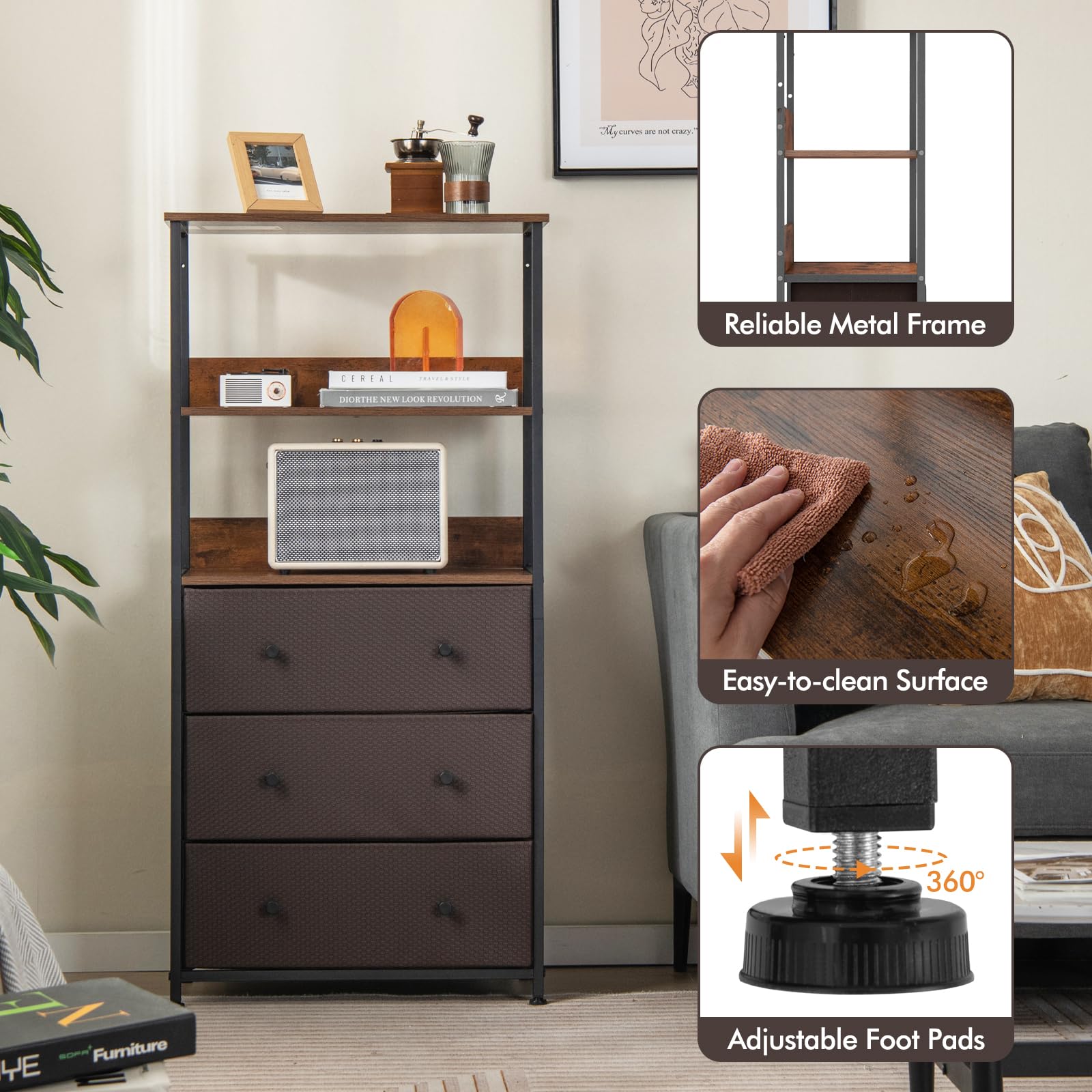 Giantex 3 Drawer Dresser w/Open Shelves, Home Vertical Fabric Storage Unit w/Metal Frame & Removable Fabric Bins