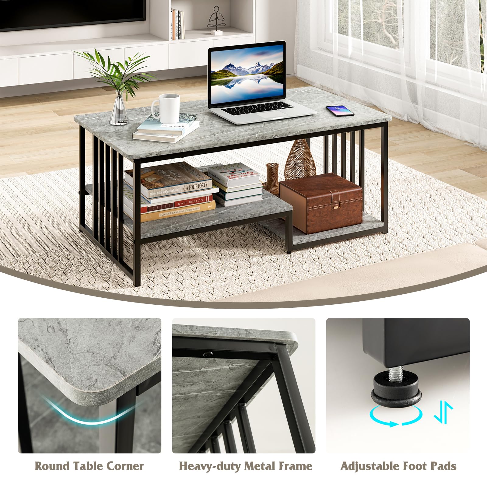 Giantex Faux Marble Coffee Table, Rectangular 2-Tier Center Table with Open Storage Shelf