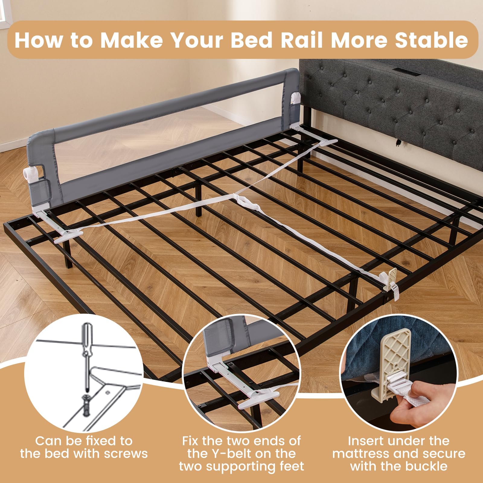 180 x 42 cm Swing Down Baby Bed Guard Rail w/Adjustable Safety Strap Foldable Bed Rail for Toddlers