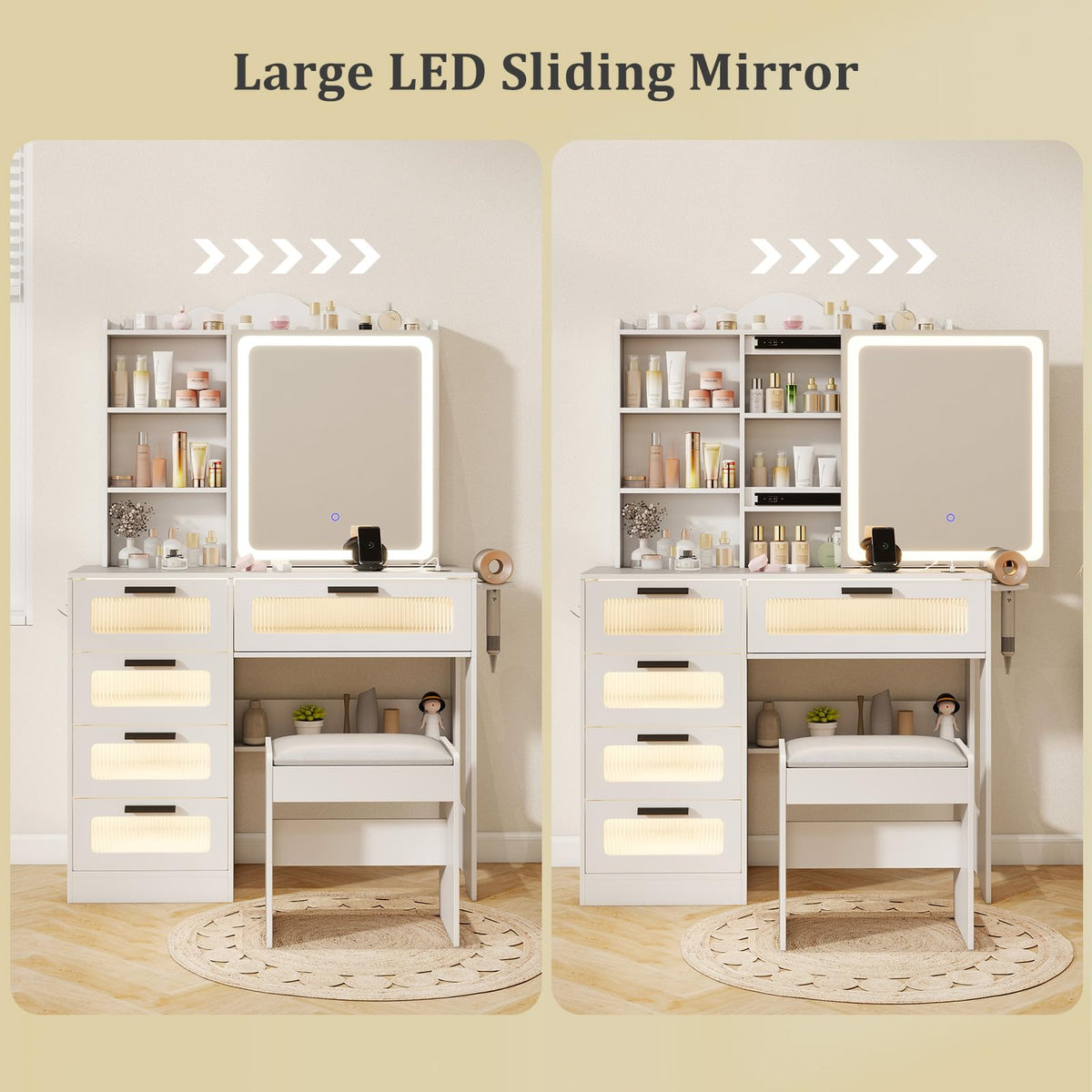 Makeup Vanity Desk w/Mirror & Lights, Dressing Table and Stool Set w/Charging Station