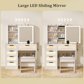 Makeup Vanity Desk w/Mirror & Lights, Dressing Table and Stool Set w/Charging Station