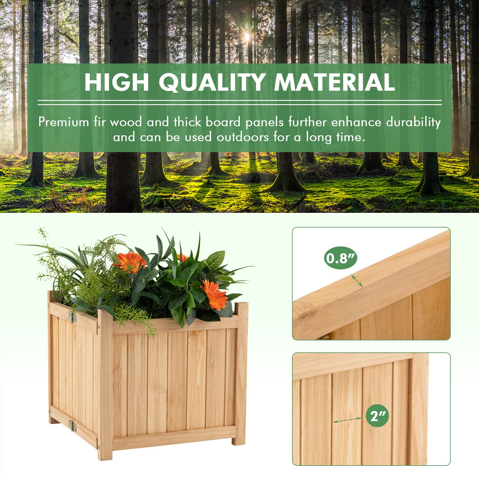 Fir Wood Raised Garden Bed, Outdoor Elevated Planter w/Drainage Hole