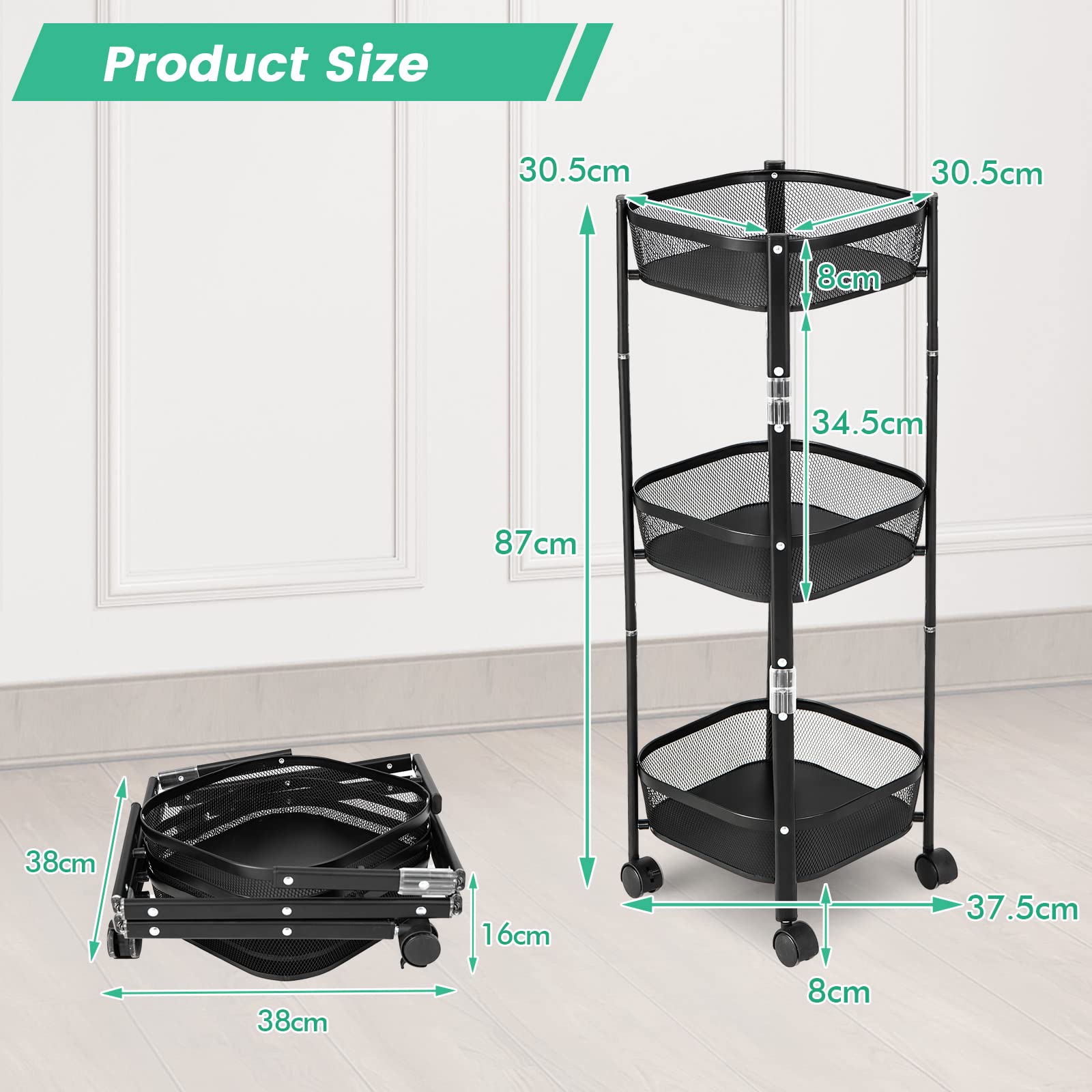 Giantex Foldable 3-Tier Utility Rolling Cart, One-Second Folding Metal Fruit Vegetable Storage Basket Stand with Wheels