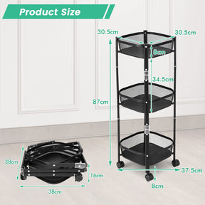 Giantex Foldable 3-Tier Utility Rolling Cart, One-Second Folding Metal Fruit Vegetable Storage Basket Stand with Wheels