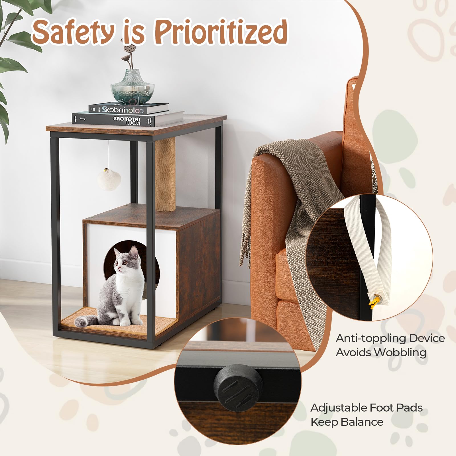 Cat Furniture End Table, Cat House for Indoor Cats w/Scratching Post