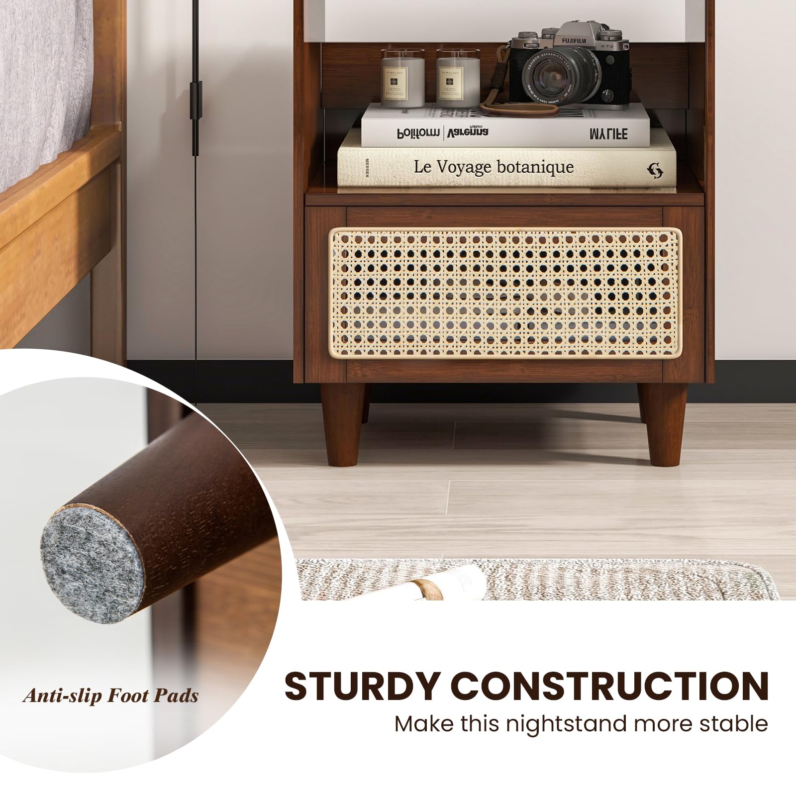 Giantex Bamboo Rattan Nightstand, Boho Bedside Table with Drawer and Solid Wood Legs