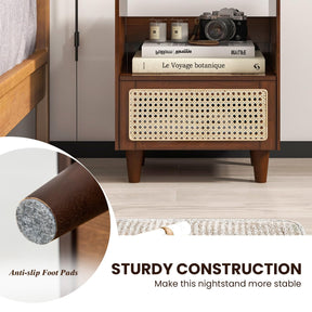 Giantex Bamboo Rattan Nightstand, Boho Bedside Table with Drawer and Solid Wood Legs