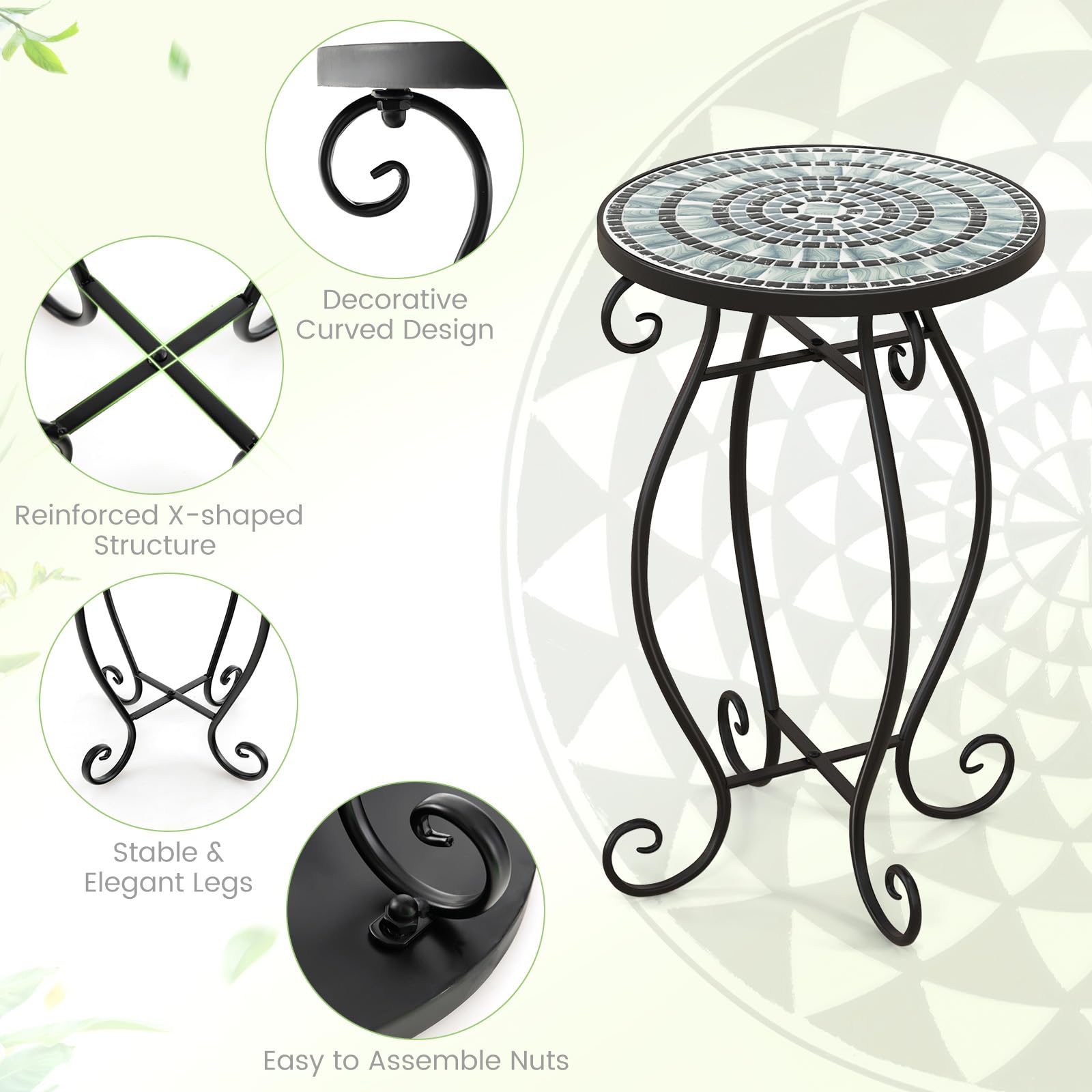 Mosaic Outdoor Side Table with Weather Resistant Ceramic Tile Tabletop