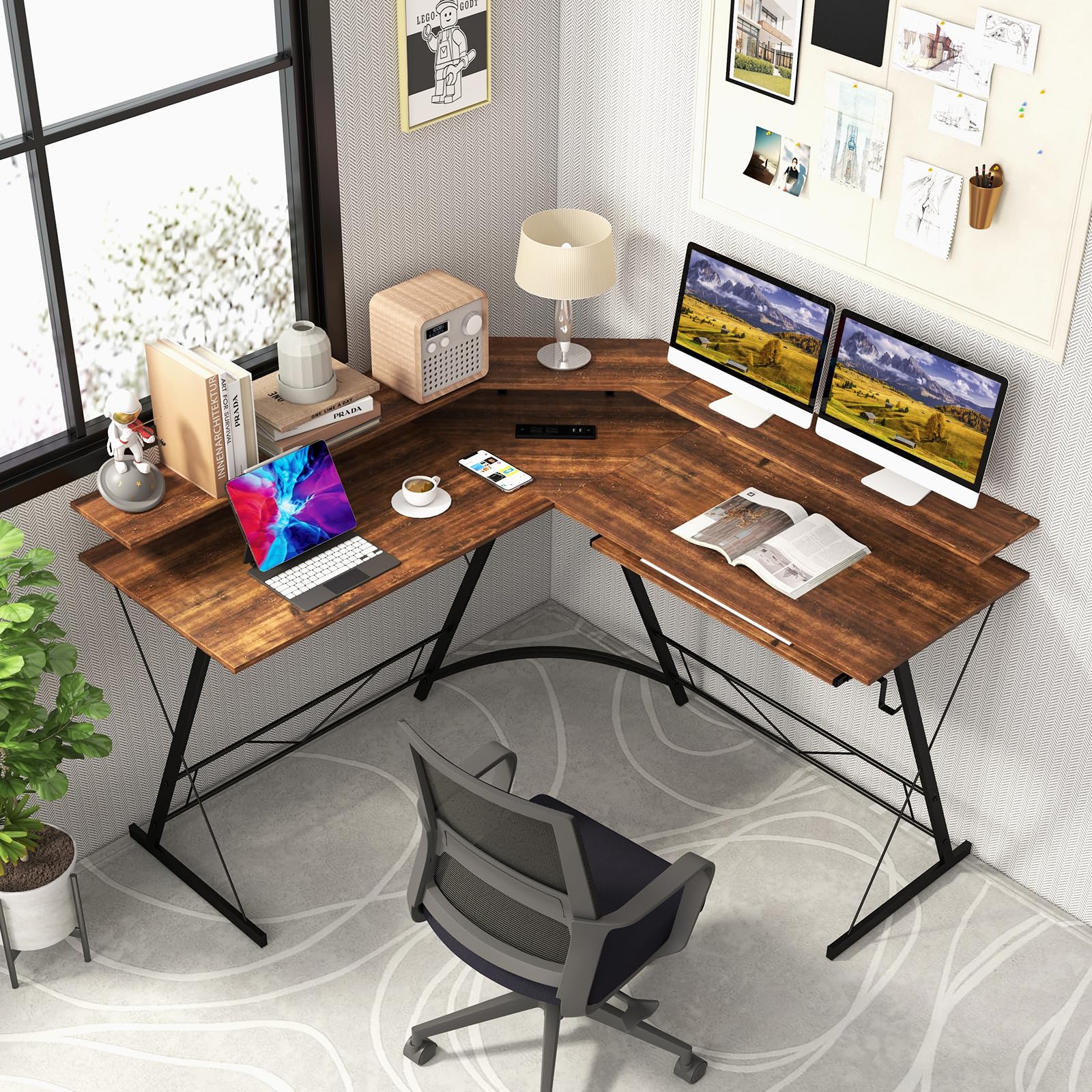 L-Shaped Computer Desk with Power Outlet, 130 cm Corner Computer Workstation with Monitor Stand