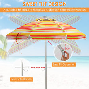 198cm Beach Umbrella w/Sand Anchor, Outdoor Patio Umbrella w/Push Button Tilt & UPF 50+ Protection