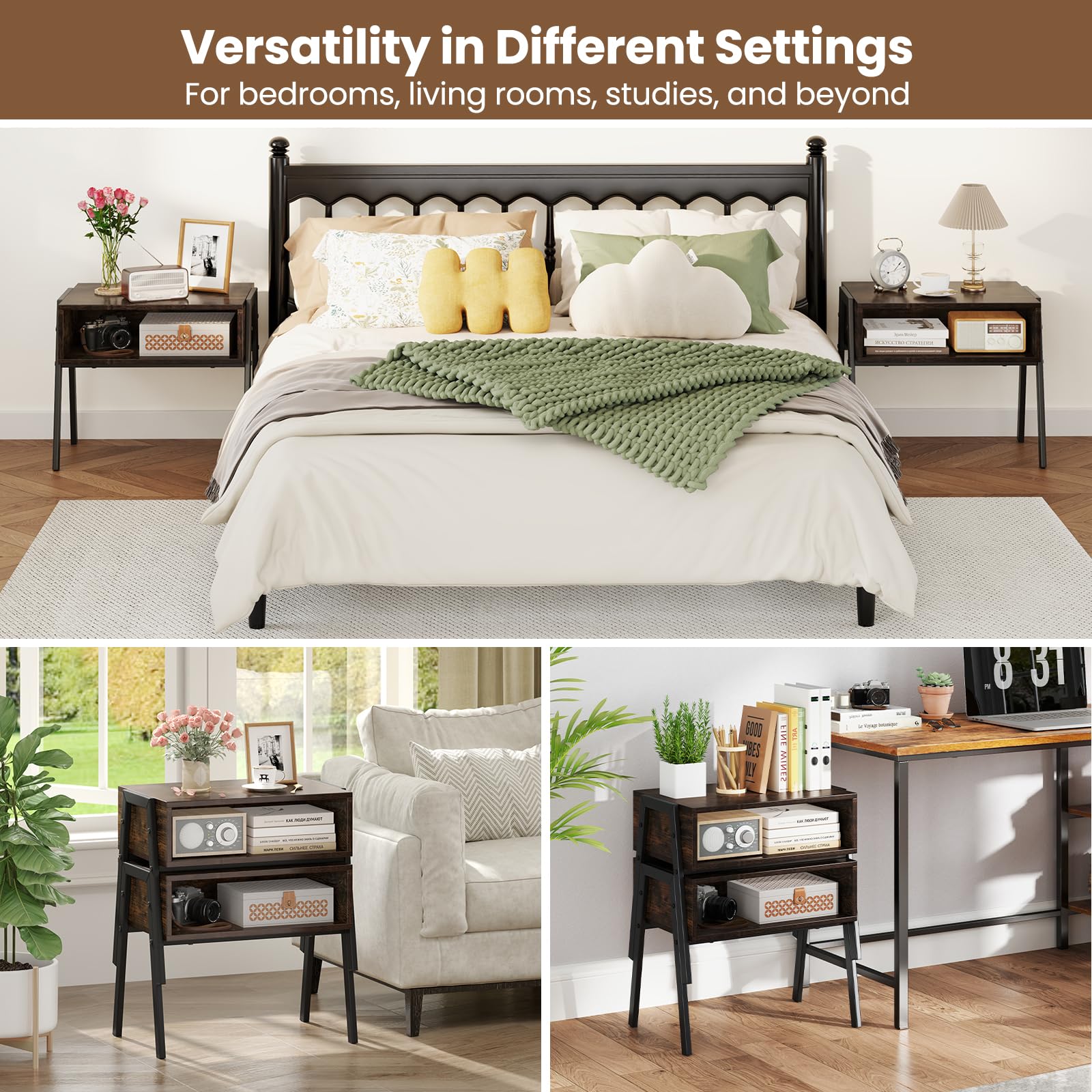 Nightstand Set of 2, Stackable End Tables with Storage Compartment