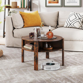 2-Tier Round Coffee Table w/Storage, 75 cm Tea Cocktail Table w/ 4 Shelves