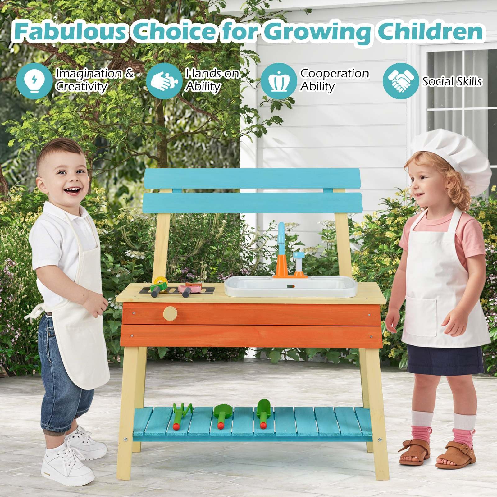 Wooden Kids Play Kitchen Set with Removable Sink and Grill Rack Mud Kitchen