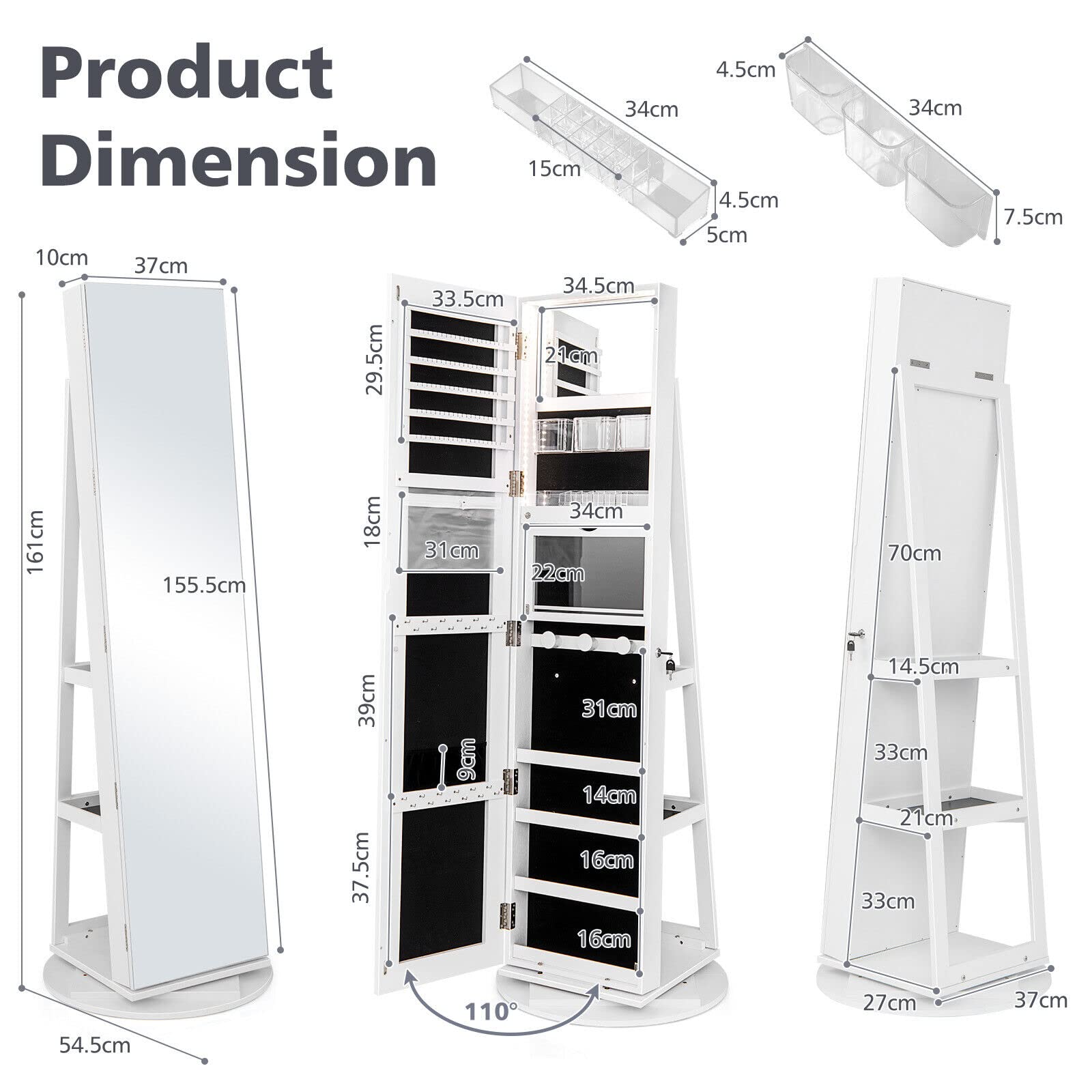 Giantex 161CM(H) Jewelry Armoire with Full Length Mirror 360° Swivel, 3-Color LED lights