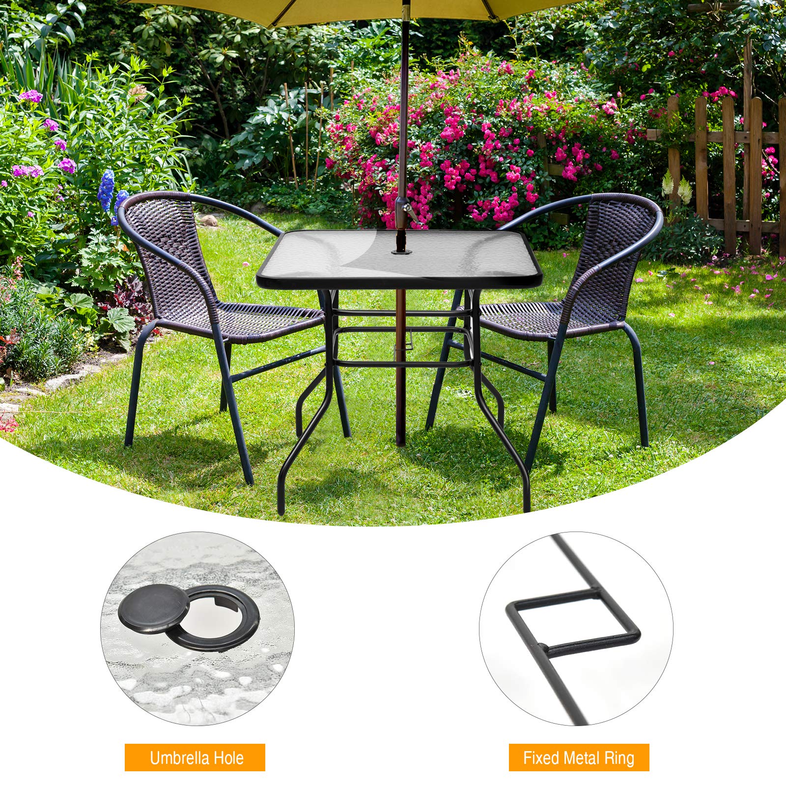 Patio Table, Rectangle Metal Coffee/Tea Table with Tempered Glass Top and Umbrella Hole