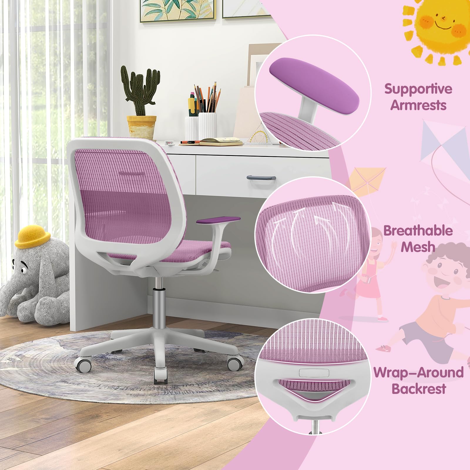 Ergonomic Children Study Computer Chair, Mesh Swivel Task Student Chair 6-15 Years for Home School Office