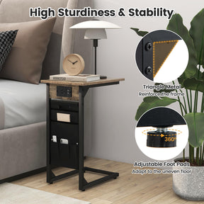 Giantex C Shaped End Table Set of 2, Sofa Side Table with Charging Station & Side Storage Bag