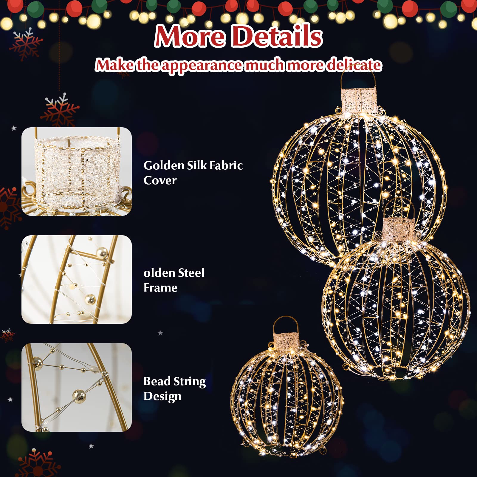 3 Pack Christmas Balls, Outdoor Hanging Light Spheres w/30 Cable Ties & 6 Stakes