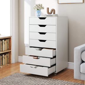 7-Drawer Storage Cabinet, Mobile File Organizer with 4 Universal Casters, Wooden Vertical Filing Dresser Chest on Lockable Wheels for Office, Study, Living Room, Bedroom