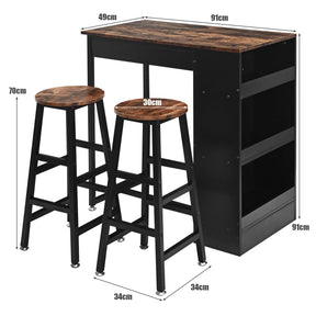 Giantex 3PCS Bar Table Set, Industrial Counter Height Table Set with 2 Bar Stools, Wooden Kitchen Dining Table Kit w/ 3-tier Side Shelf