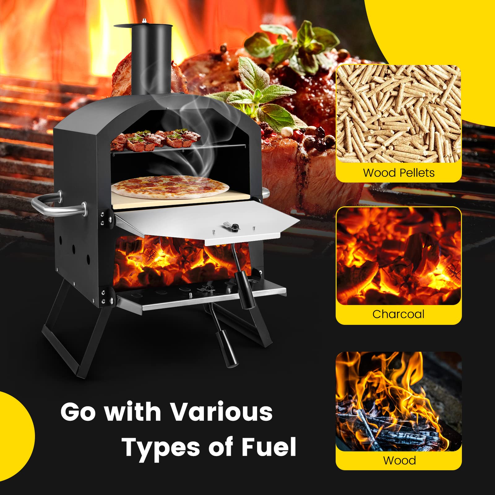 Portable Pizza Oven, Multi-Fuel Outdoor Pizza Maker w/Folding Legs & Portable Handles, 2-Tier Design, Adjustable Air Vents