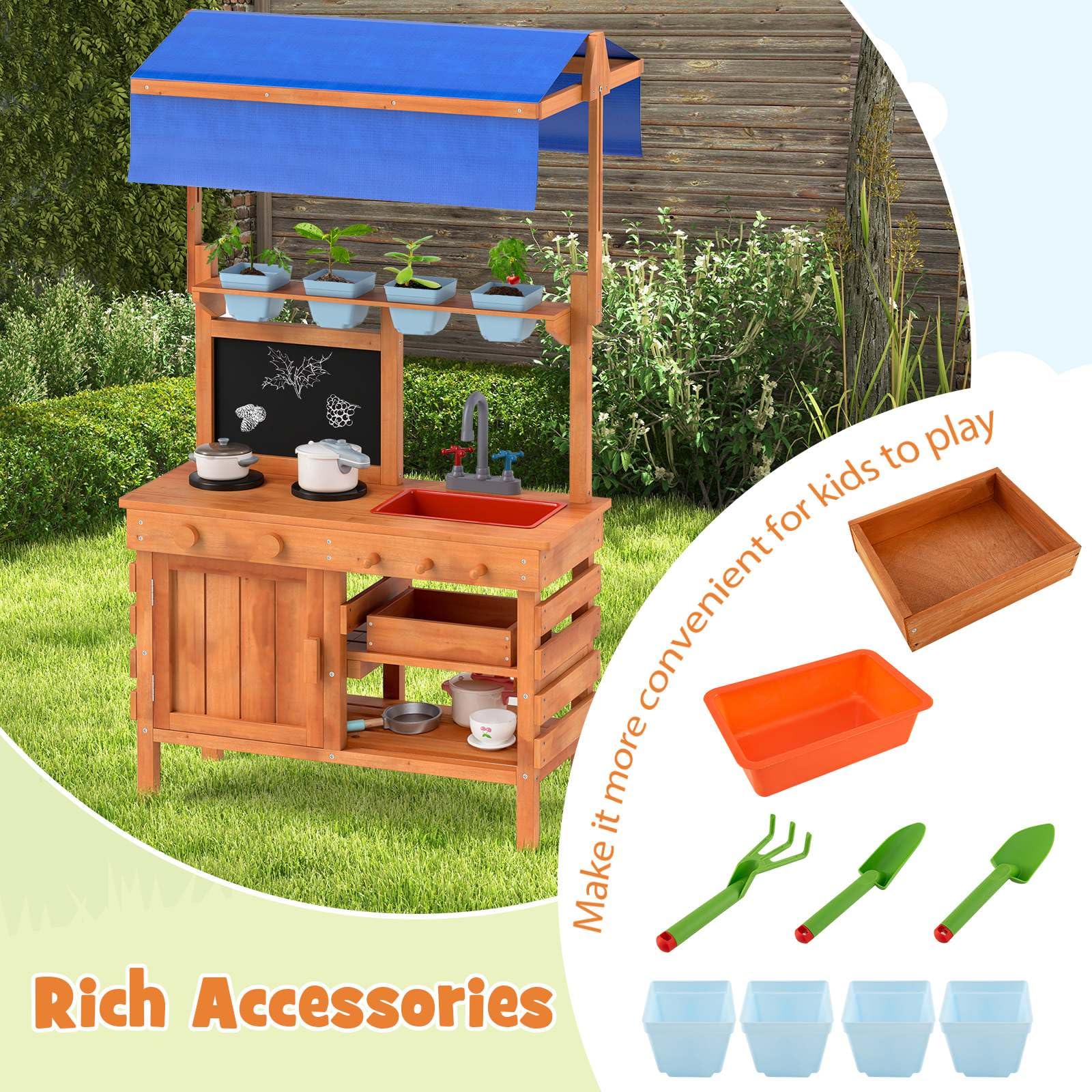 Mud Kitchen, Wooden Pretend Play Kitchen with Height Adjustable Canopy, Blackboard, Planting Cups, Stoves, Sink