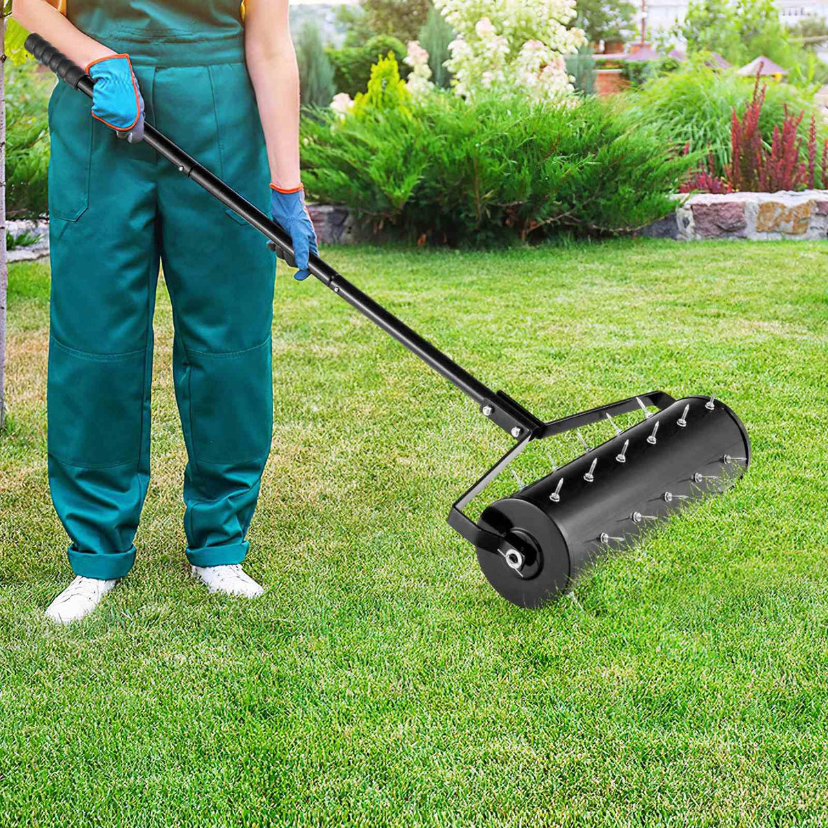 Heavy-Duty Rolling Aerator w/ Lawn Soil Penetrating Spikes & 130 cm Handle