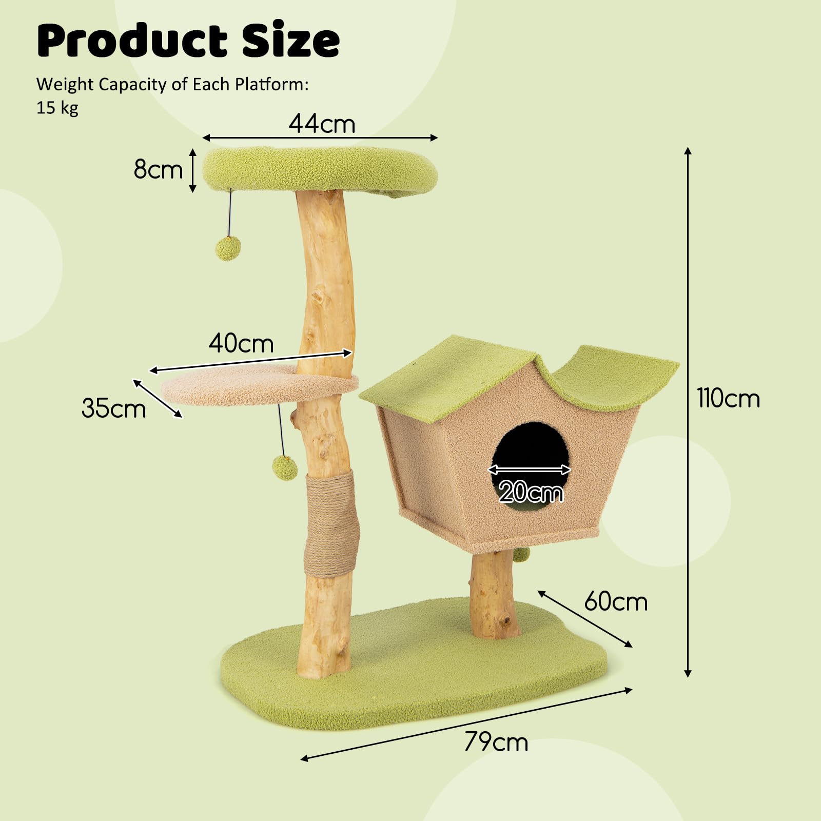 110 CM Cat Tree, Solid Wood Cat Tower with Padded Top Perch