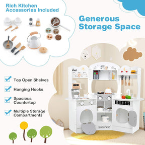 Corner Wooden Play Kitchen, 18 PCS Pretend Kitchen Playset w/Coffee Machine, Slide, Microwave, Oven