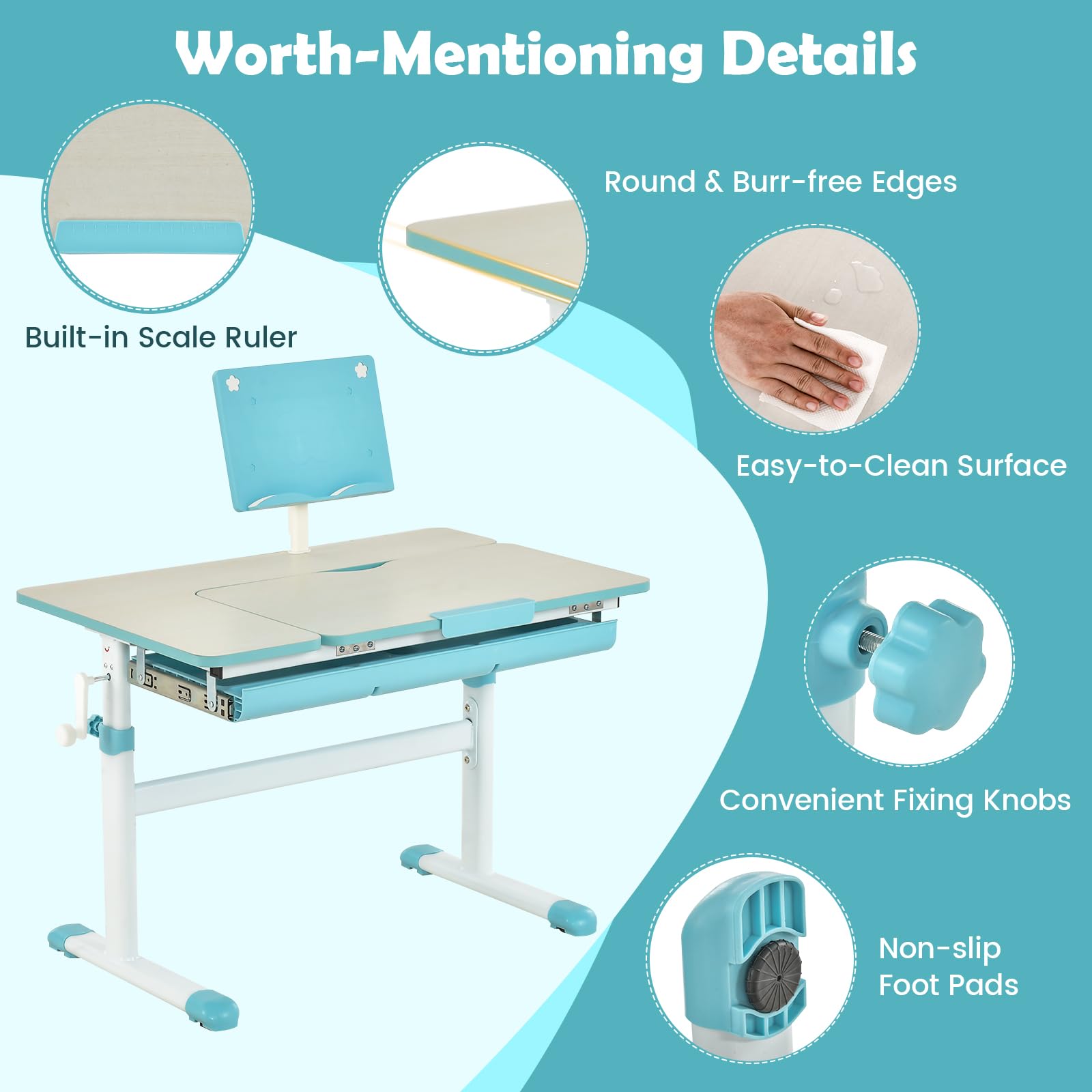 HONEY JOY Height-Adjustable Kids Desk w/Tilt Desktop & Book Stand, Storage Drawer & Scale Ruler