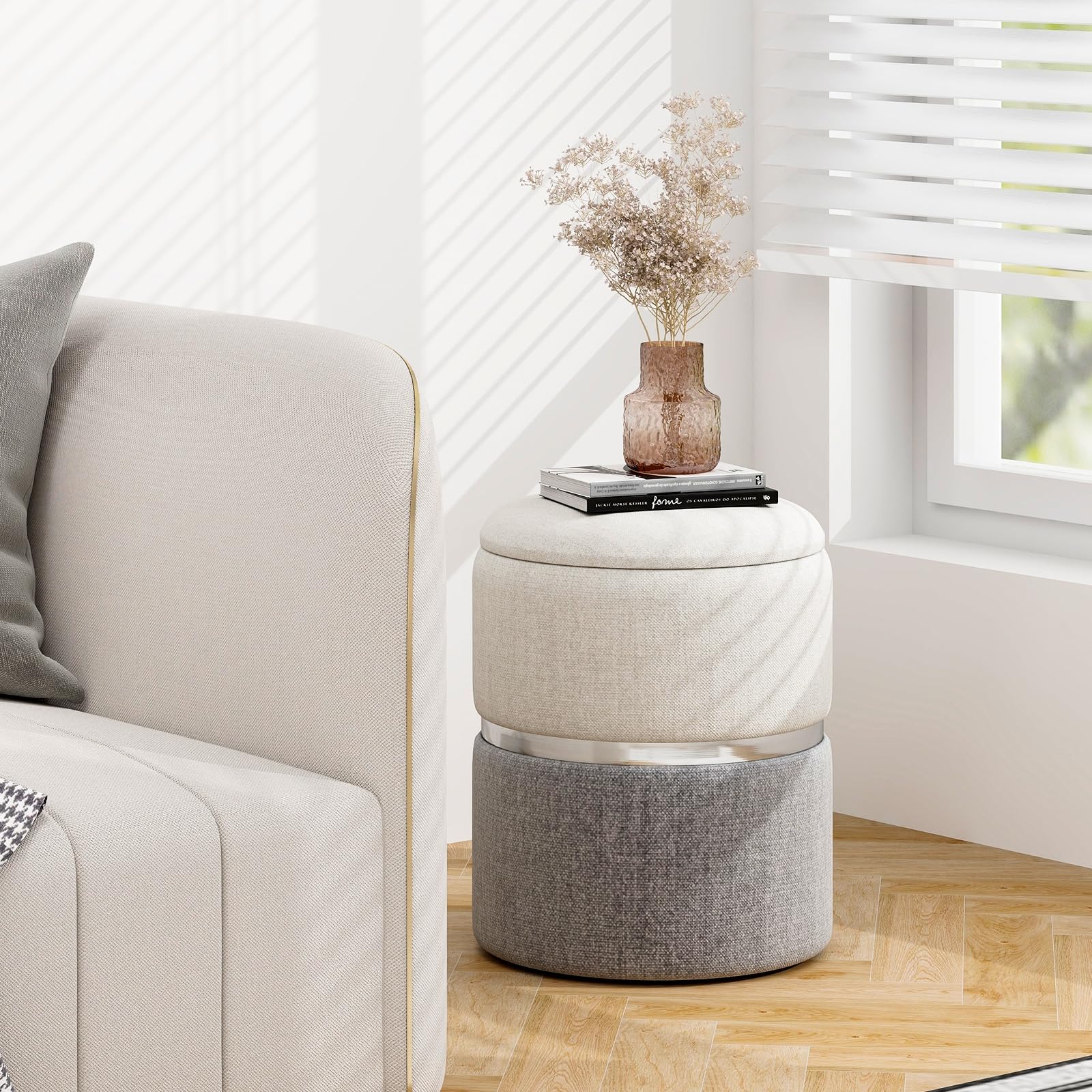 Giantex Linen Fabric Storage Ottoman Set of 2, Modern Round Ottoman with Storage