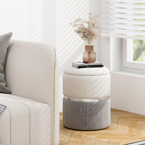 Giantex Linen Fabric Storage Ottoman Set of 2, Modern Round Ottoman with Storage