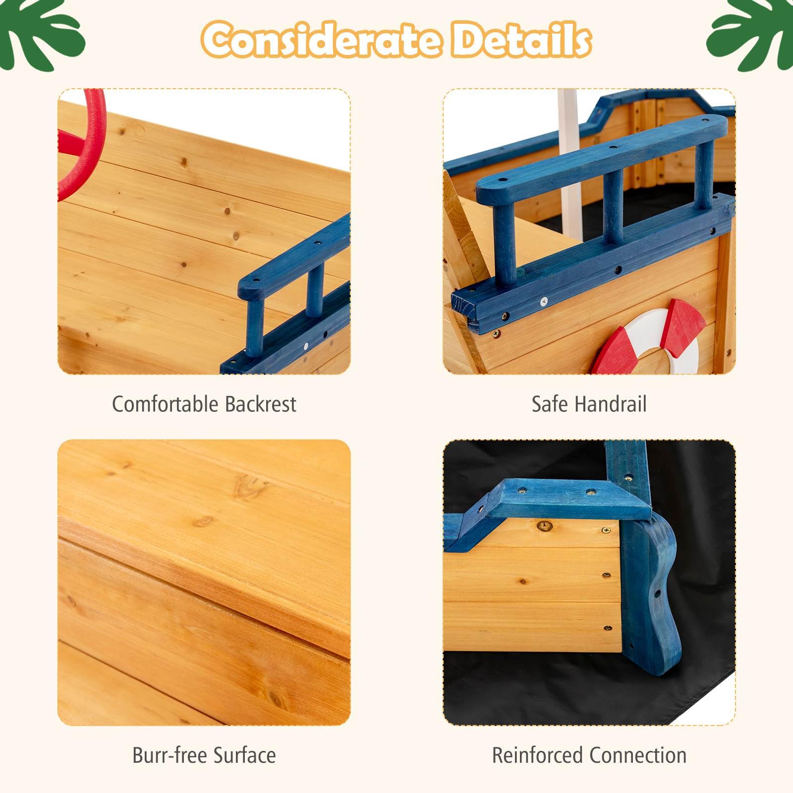 Wooden Sandbox, Large Pirate Ship Play Toy w/2-in-1 Storage Benches, Bottom Sand Protection