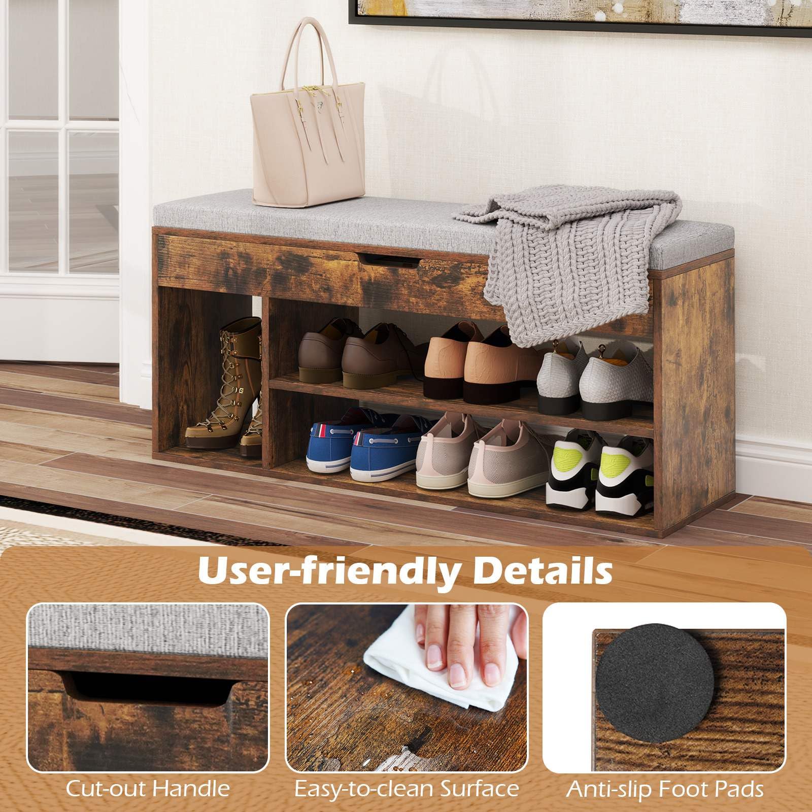 Shoe Bench w/Padded Seat, Shoes Rack w/Hidden Storage