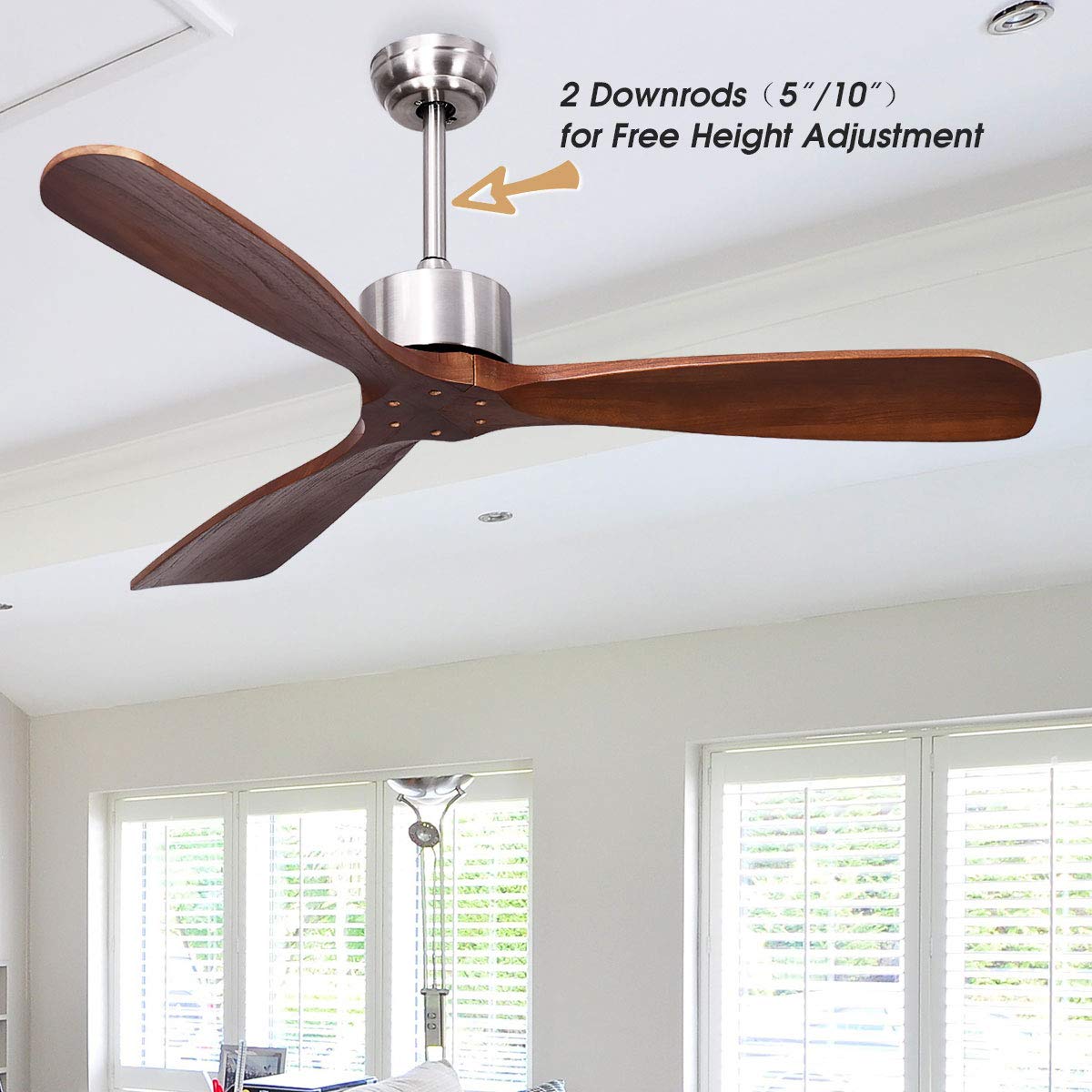 52" Ceiling Fan, Outdoor Indoor Ceiling Fan with Remote Control, 3 Solid Wooden Blades