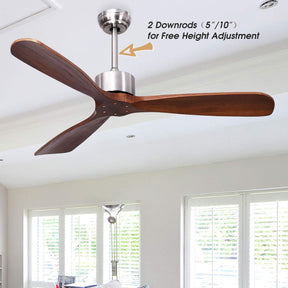 52" Ceiling Fan, Outdoor Indoor Ceiling Fan with Remote Control, 3 Solid Wooden Blades