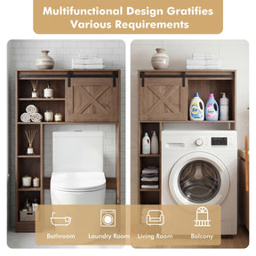 Over The Toilet Storage Cabinet, Freestanding Bathroom Organizer with Sliding Barn Door & Shelves