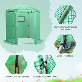 Walk-in Greenhouse, Hexagonal Greenhouse with PE Cover & Metal Frame, Winter Greenhouse with 2-Layered Window & Roll-Up Door