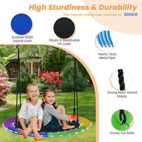 40”/100CM Saucer Tree Swing with LED Lights, Indoor Outdoor Saucer Swing for Kids Adults w/Adjustable Multi-Strand Hanging Ropes