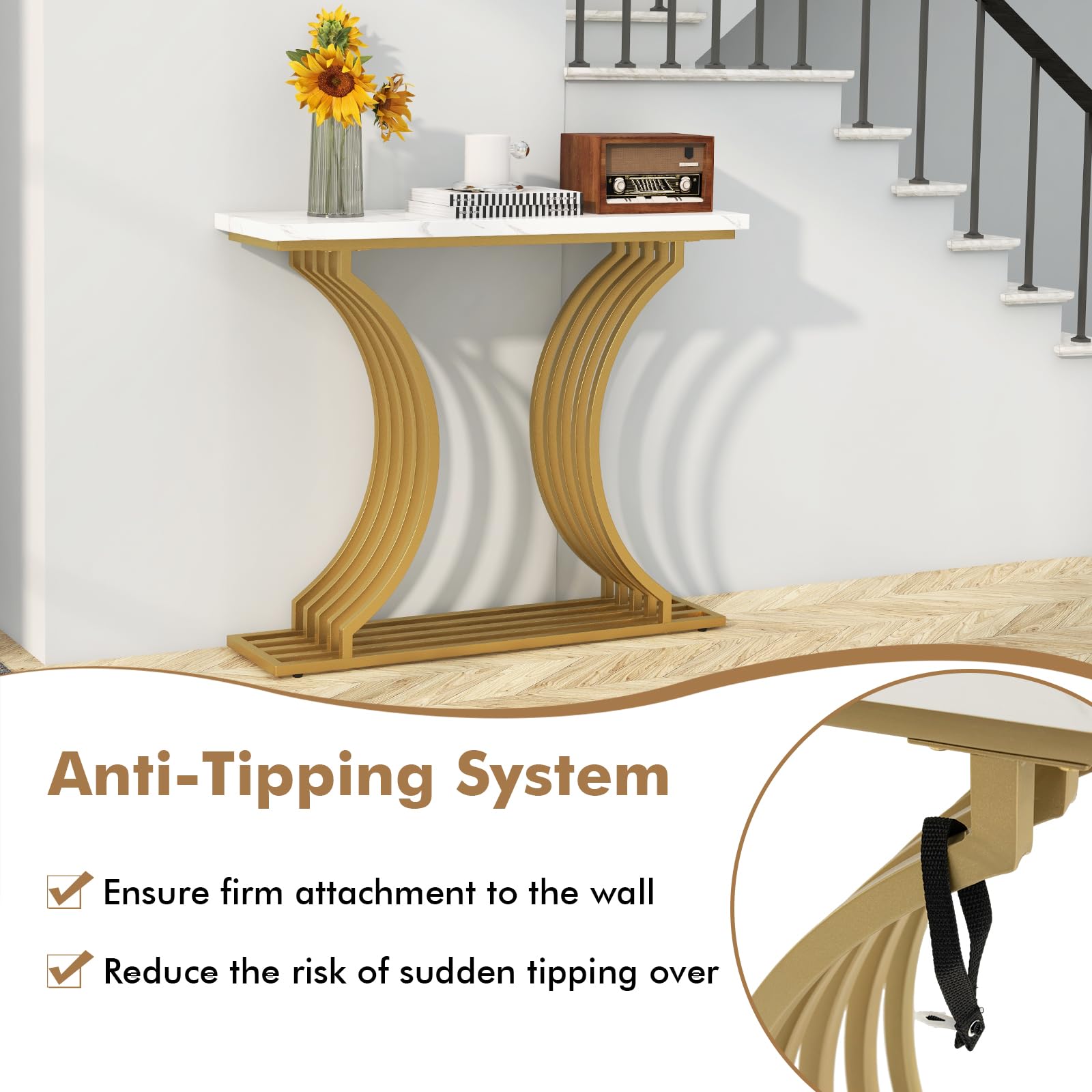 Giantex 100 cm Gold Modern Console Table with White Faux Marble Tabletop