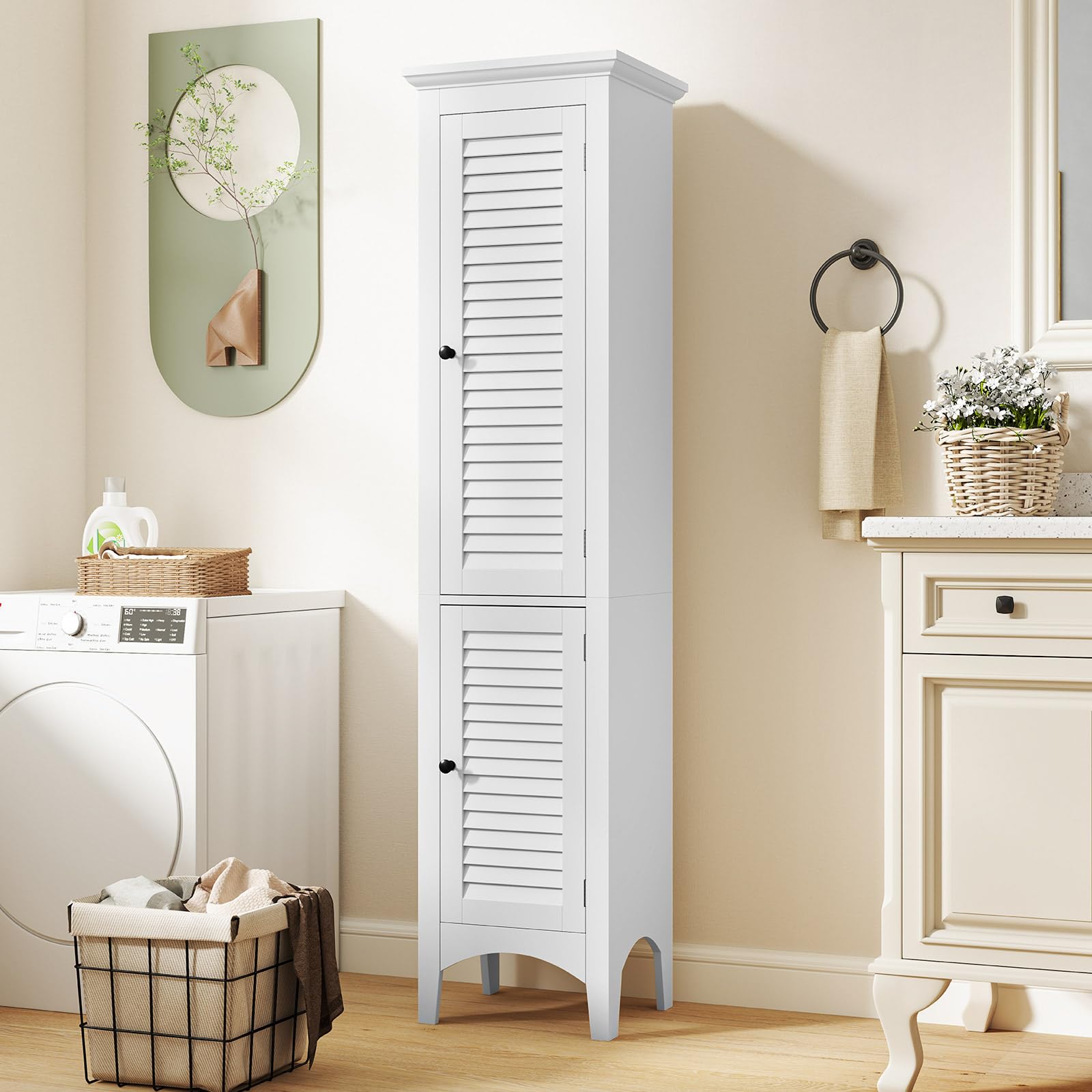 Tall Narrow Bathroom Cabinet with 2 Shutter Doors and Adjustable Shelf
