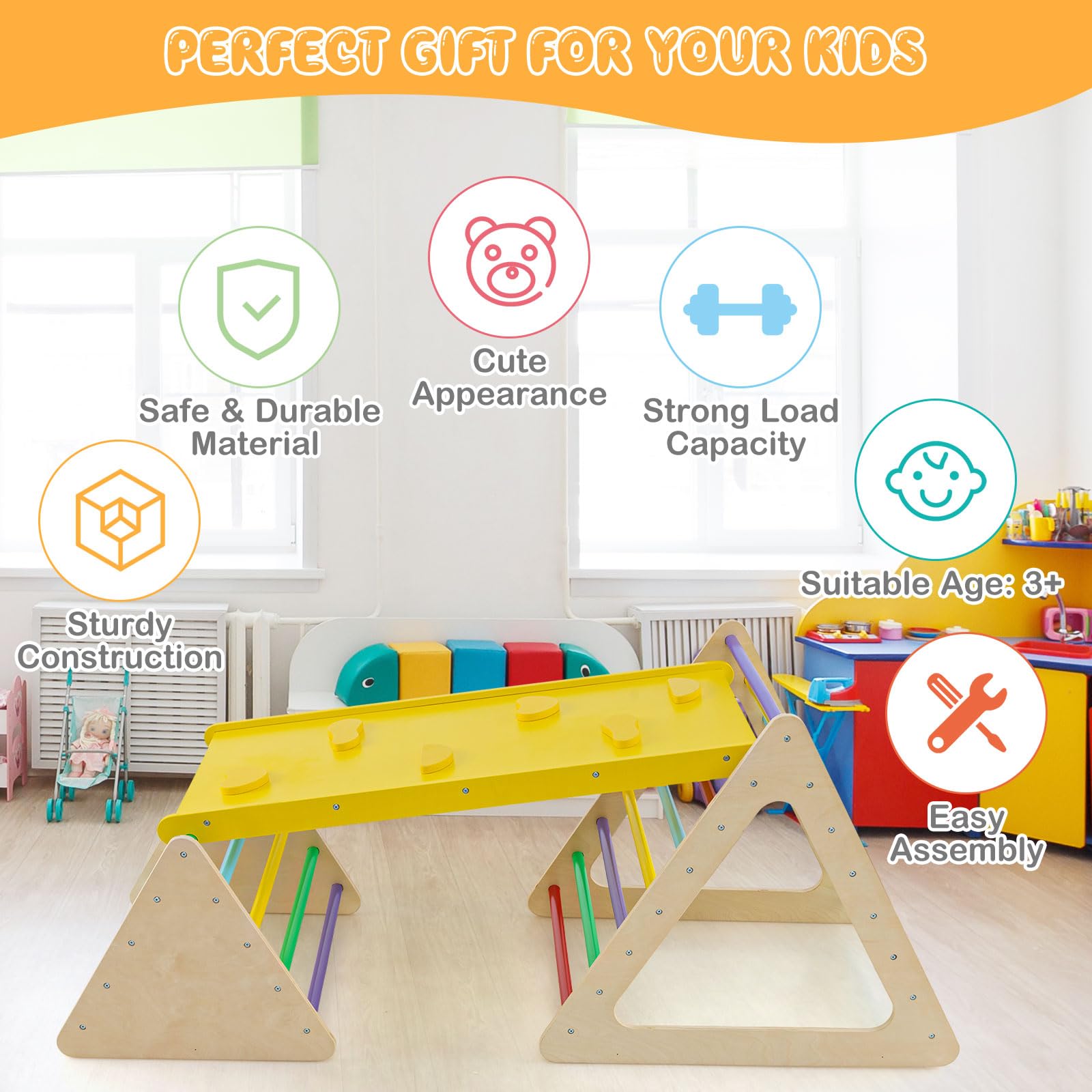 3 in 1 Triangle Climber with Ramp, 3 Piece Play Equipment Wooden Climbing Toys for Toddlers