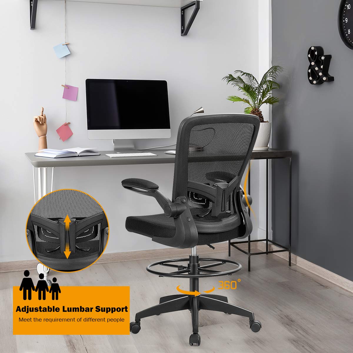 Adjustable Drafting Chair, 360° Swivel Designed Mesh Fabric Chair w/Lumbar Support