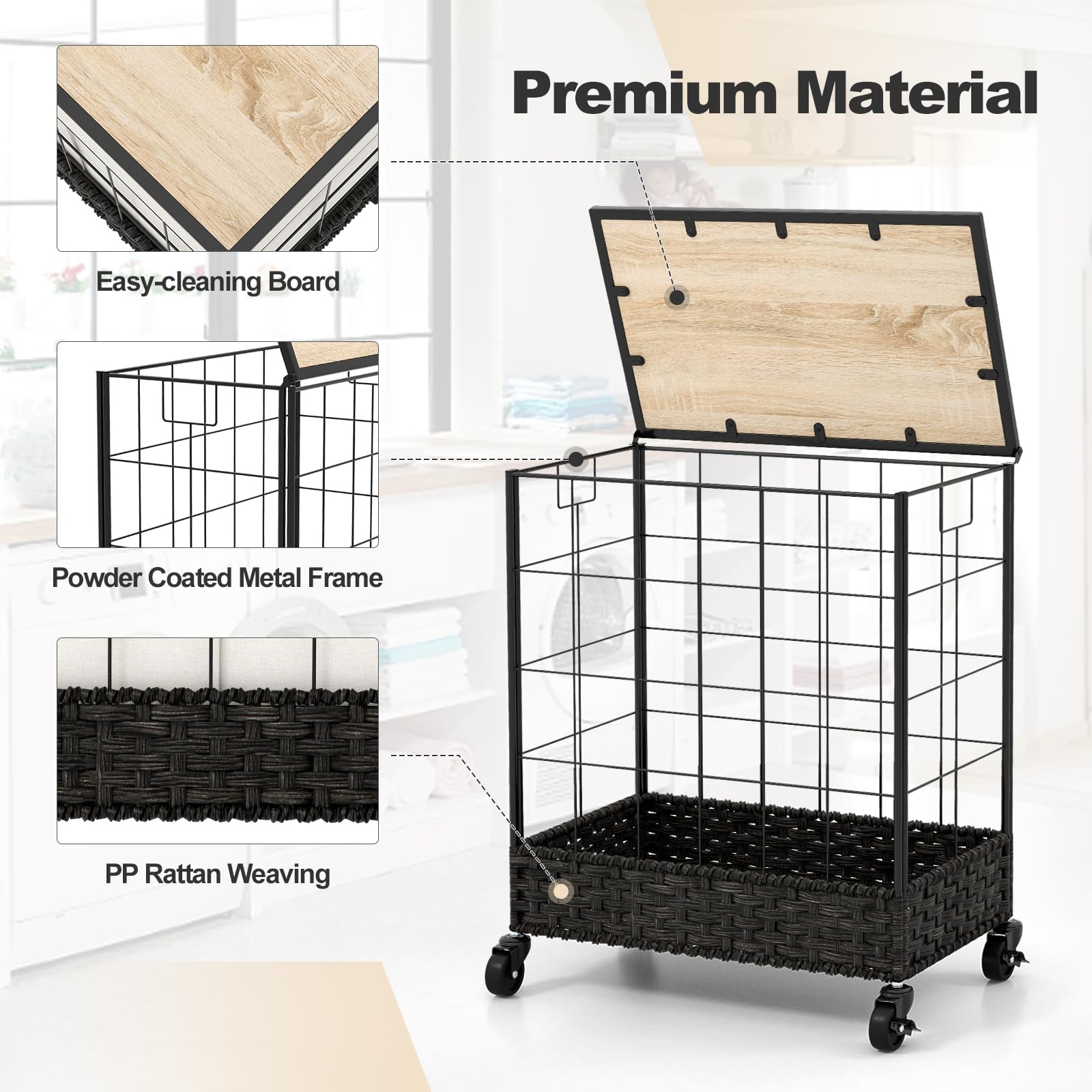 110/130L Laundry Hamper Handwoven Rattan Laundry Basket w/ Lid & Lockable Wheels