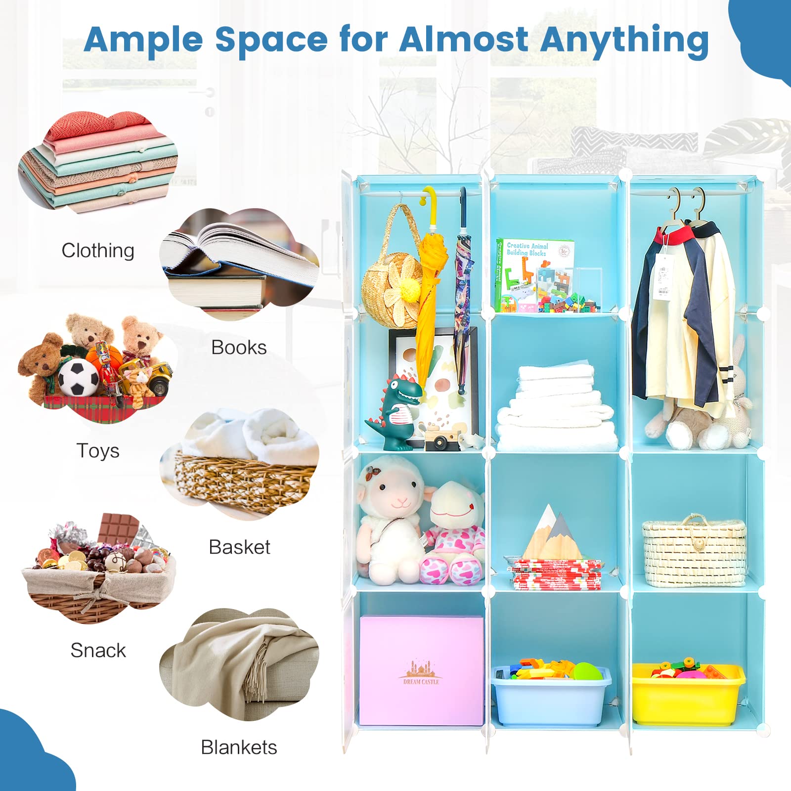 Portable Kids Wardrobe, 12-Cube Baby Closet Organizer for Children with Doors & Hanging Section