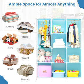 Portable Kids Wardrobe, 12-Cube Baby Closet Organizer for Children with Doors & Hanging Section