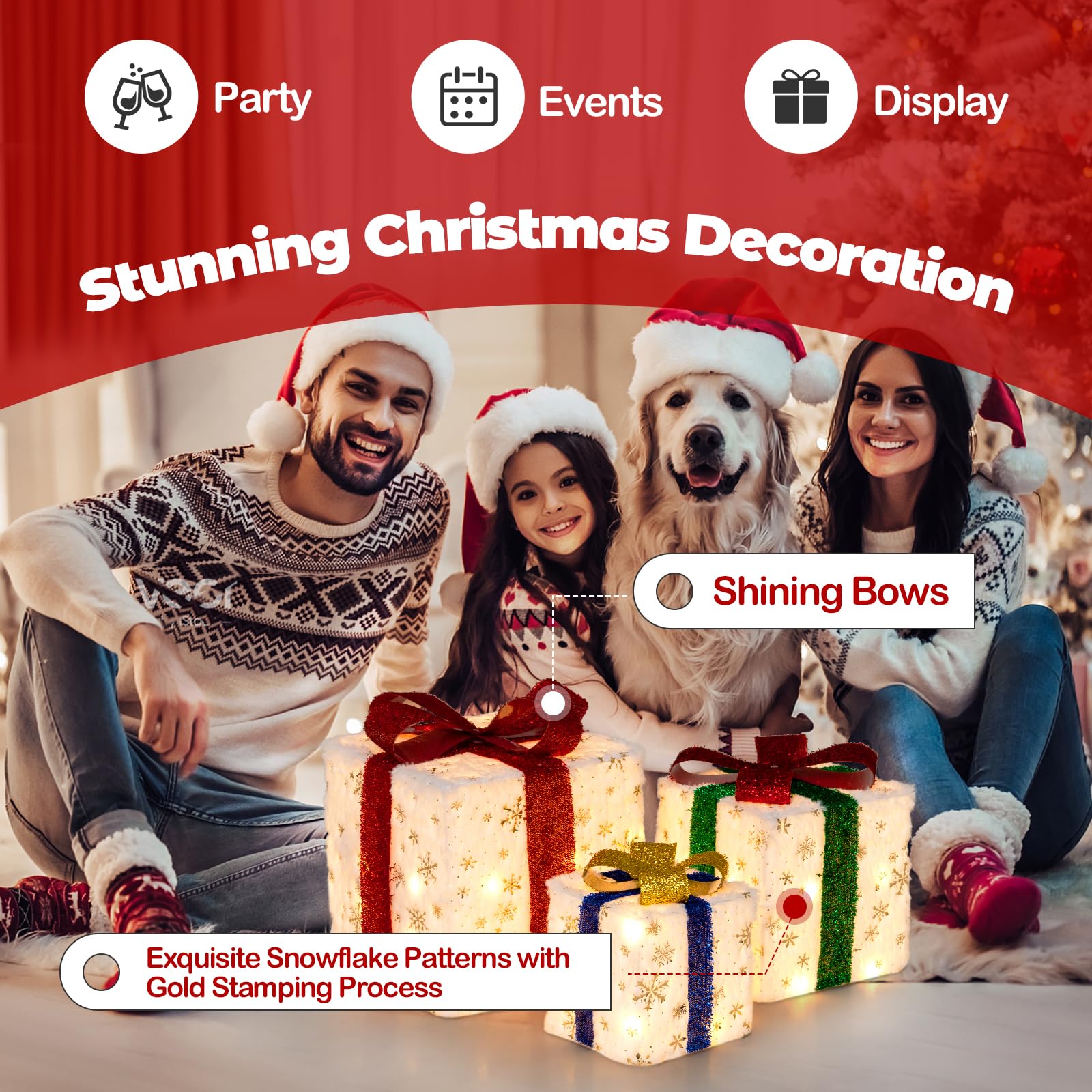 Set of 3 Christmas Lighted Gift Boxes, Pre-lit Christmas Decoration with 48 Bright Warm Lights